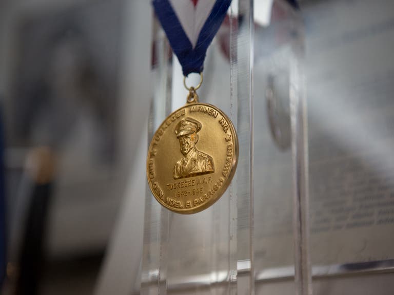 The Tuskegee Airmen's highest honor, the Noel F. Parrish Award, on display at Tomorrow's Aeronautical Museum