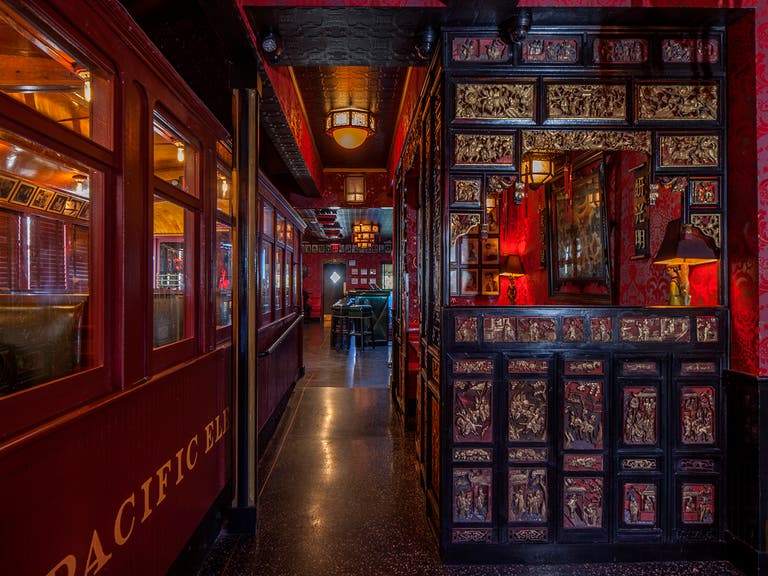 Pacific Electric Red Car trolley and chinoiserie booth at the Formosa Cafe